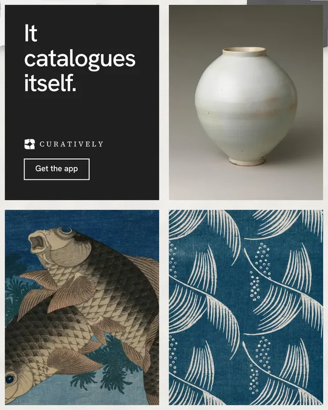 Instagram portrait post for Curatively: "It catalogues itself." Editorial style, collage layout, dark palette in grey, black, white.