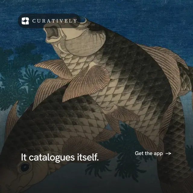 Instagram post for Curatively: "It catalogues itself." Minimal luxury style, image led layout, dark palette in black, blue, grey.