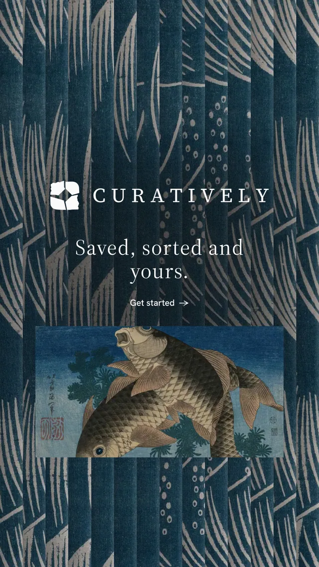 Instagram story for Curatively: "Saved, sorted and yours." Minimal luxury style, logo hero layout, dark palette in grey, blue, black.