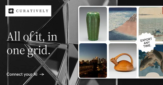 Social ad for Curatively: "All of it, in one grid." Minimal luxury style, sticker layout, dark palette in black, grey.
