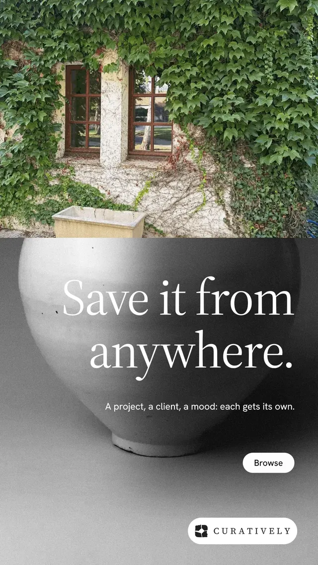 Instagram story for Curatively: "Save it from anywhere." Photo poster style, right layout, light palette in grey, black, white.
