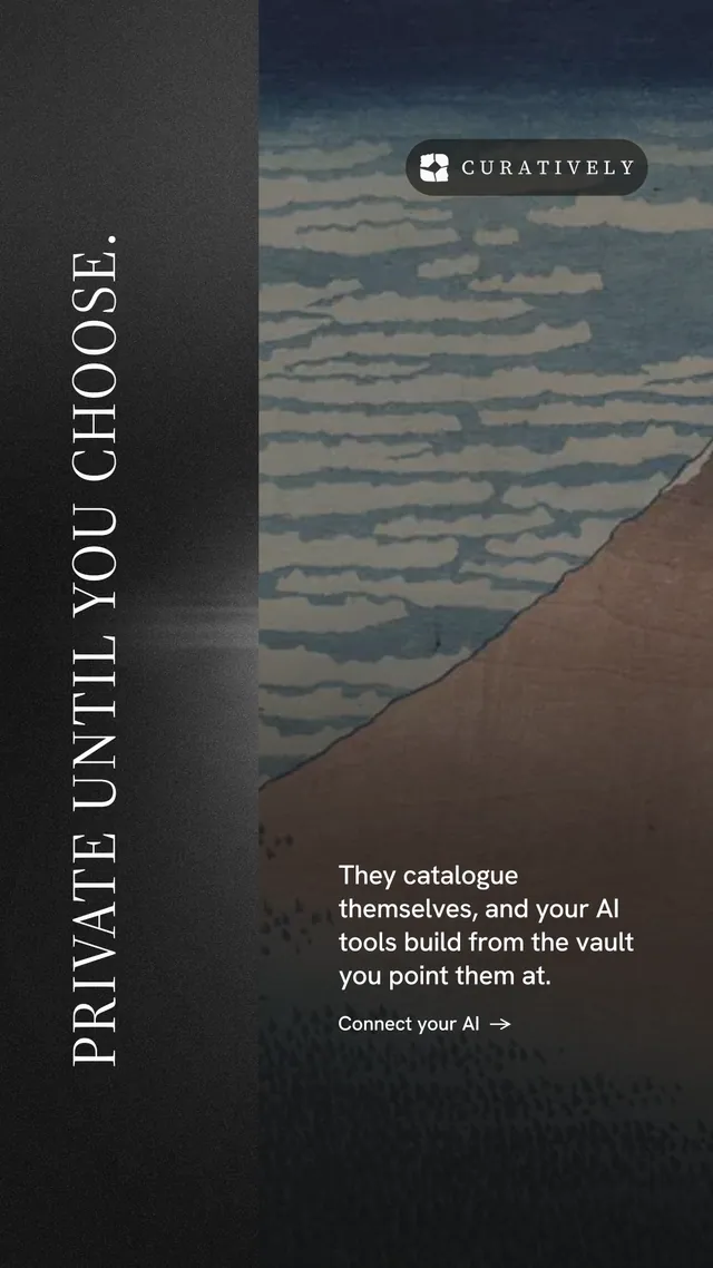 Instagram story for Curatively: "Private until you choose." Minimal luxury style, vertical layout, dark palette in black, grey.