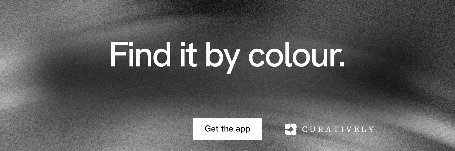 X header for Curatively: "Find it by colour." Swiss style, centred layout, dark palette in grey, black.