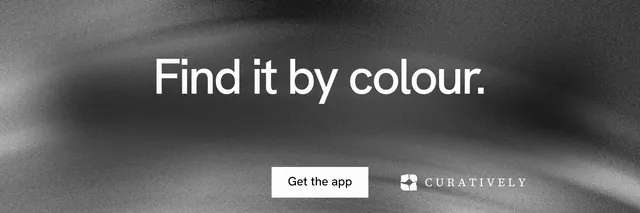 X header for Curatively: "Find it by colour." Swiss style, centred layout, dark palette in grey, black.