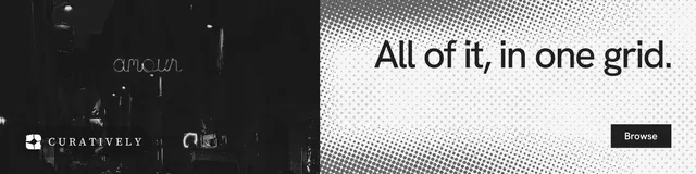 LinkedIn banner for Curatively: "All of it, in one grid." Swiss style, right layout, light palette in white, black, grey.
