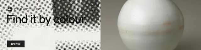 LinkedIn banner for Curatively: "Find it by colour." Swiss style, bottom layout, light palette in white, grey.