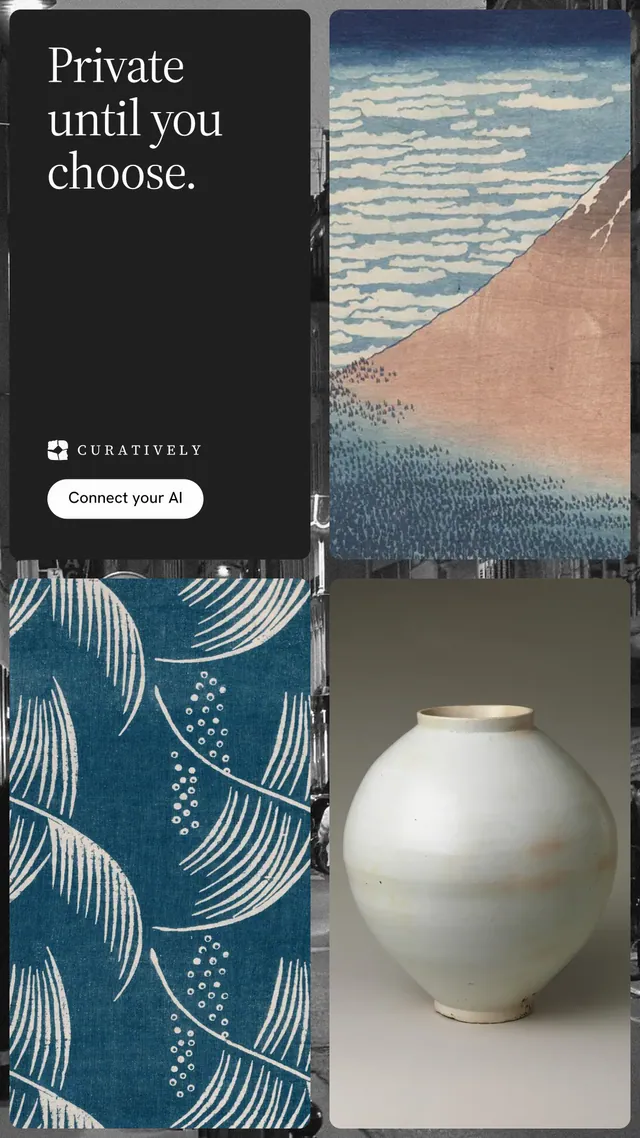 Instagram story for Curatively: "Private until you choose." Photo poster style, collage layout, dark palette in blue, black, grey.