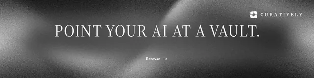 LinkedIn banner for Curatively: "Point your AI at a vault." Minimal luxury style, centred layout, dark palette in grey, black.