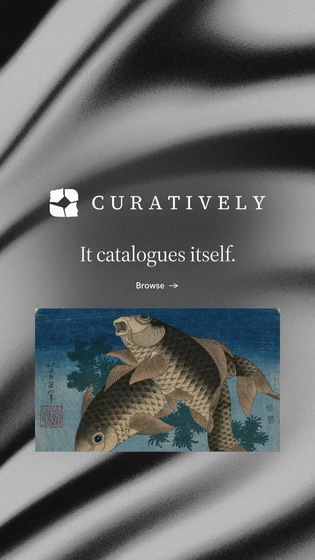 Instagram story for Curatively: "It catalogues itself." Minimal luxury style, logo hero layout, dark palette in grey, black.