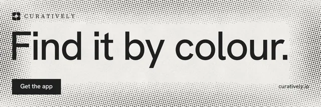 X header for Curatively: "Find it by colour." Swiss style, poster layout, light palette in grey, white.