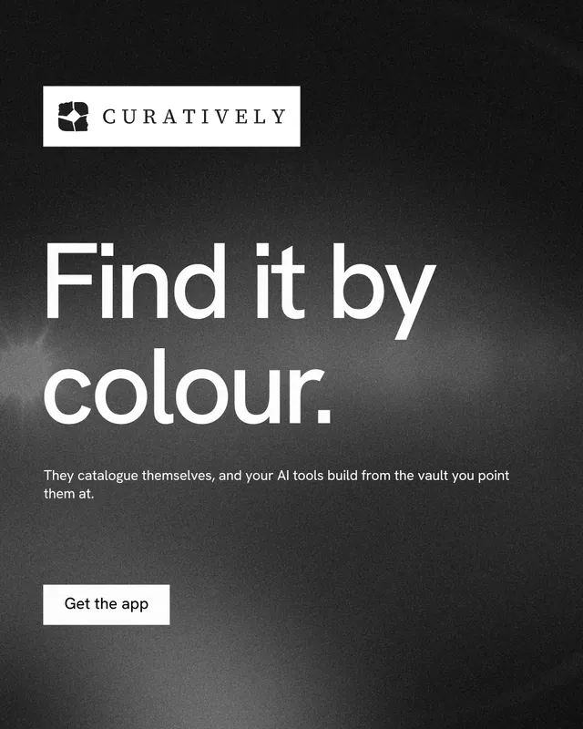 Instagram portrait post for Curatively: "Find it by colour." Swiss style, announce layout, dark palette in grey, black.