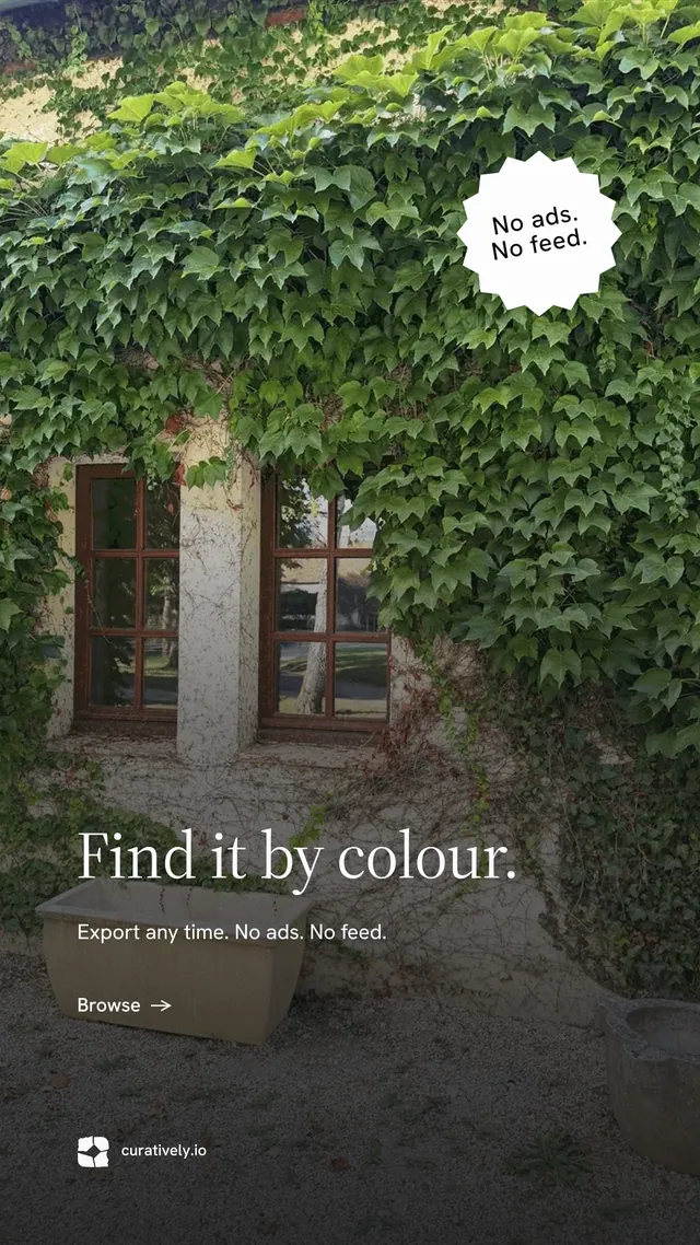 Instagram story for Curatively: "Find it by colour." Minimal luxury style, sticker layout, dark palette in grey, black, green.
