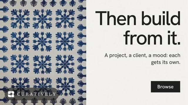 Landscape graphic for Curatively: "Then build from it." Swiss style, right layout, light palette in white, grey.