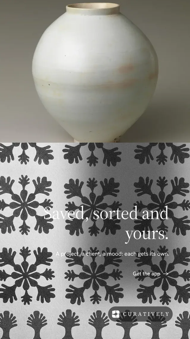 Instagram story for Curatively: "Saved, sorted and yours." Minimal luxury style, right layout, light palette in grey.