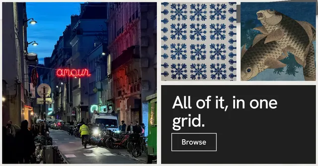 Social ad for Curatively: "All of it, in one grid." Editorial style, collage layout, dark palette in black, grey.