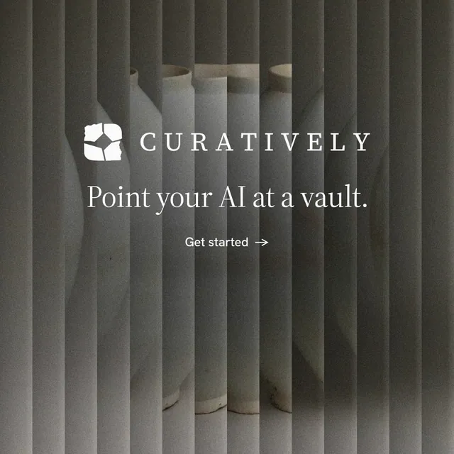 Instagram post for Curatively: "Point your AI at a vault." Minimal luxury style, logo hero layout, dark palette in black, grey.