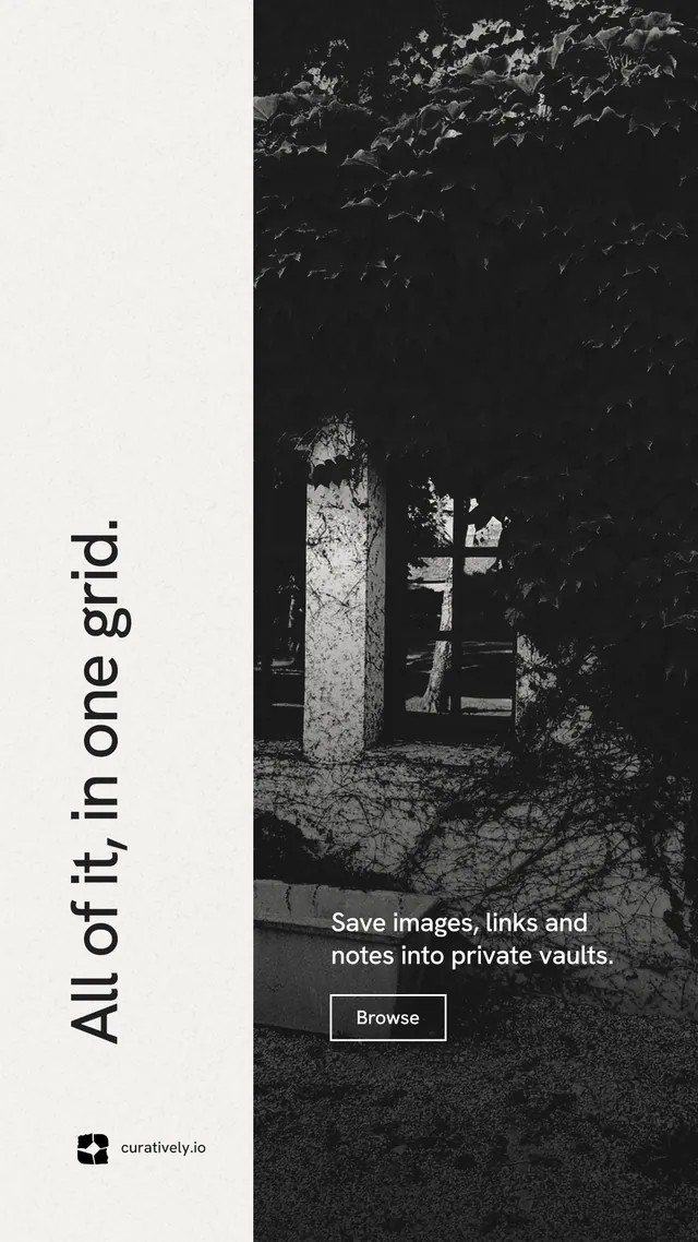 Instagram story for Curatively: "All of it, in one grid." Editorial style, vertical layout, light palette in black, white, grey.