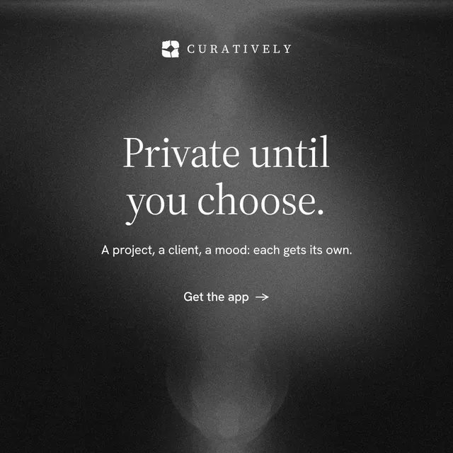 Instagram post for Curatively: "Private until you choose." Minimal luxury style, centred layout, dark palette in black, grey.