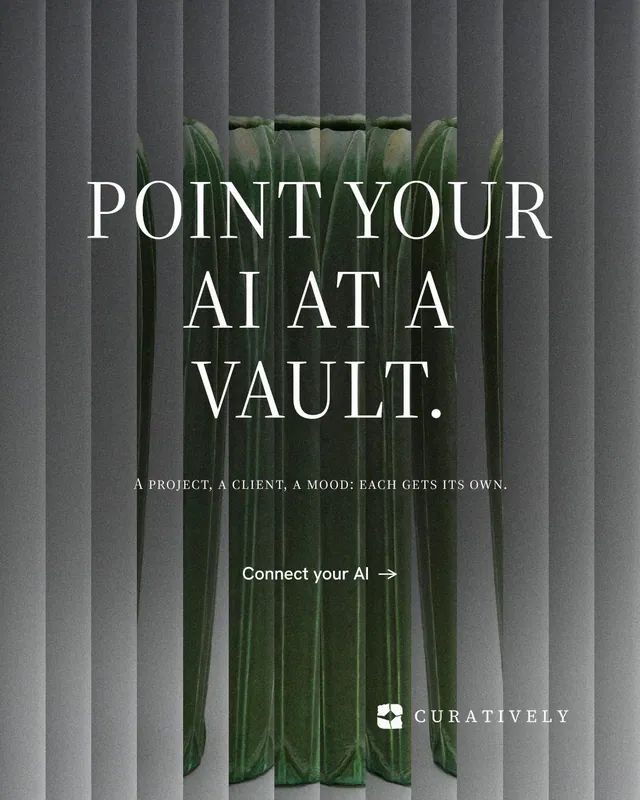 Instagram portrait post for Curatively: "Point your AI at a vault." Minimal luxury style, smallcaps layout, dark palette in grey, black.