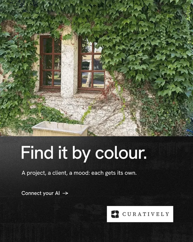 Instagram portrait post for Curatively: "Find it by colour." Minimal luxury style, bottom layout, dark palette in black, green, grey.