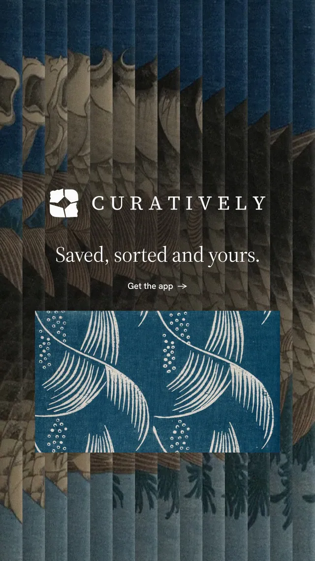 Instagram story for Curatively: "Saved, sorted and yours." Minimal luxury style, logo hero layout, dark palette in grey, blue, black.