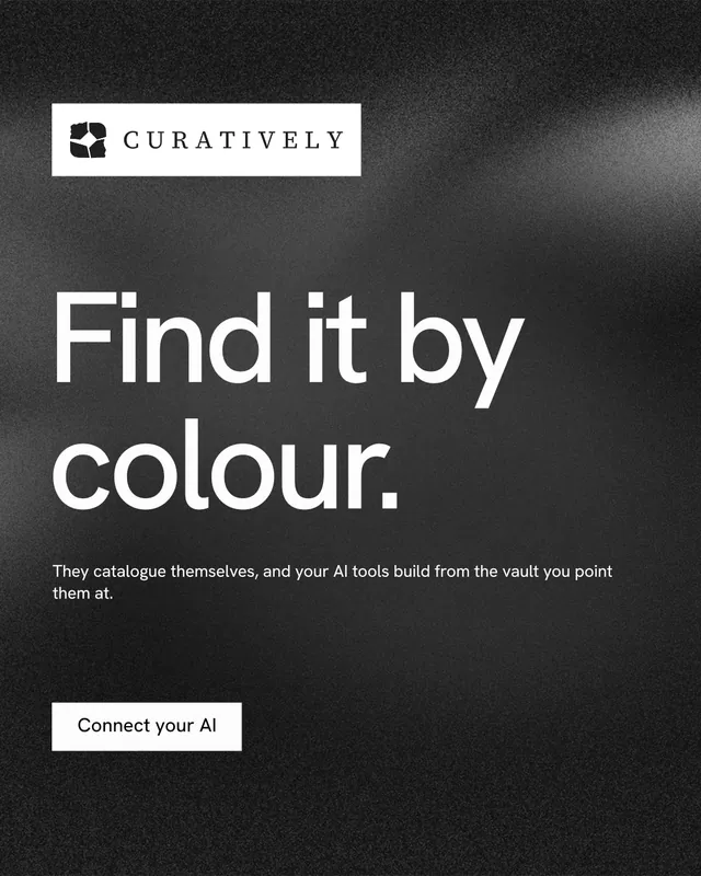Instagram portrait post for Curatively: "Find it by colour." Swiss style, announce layout, dark palette in black, grey.