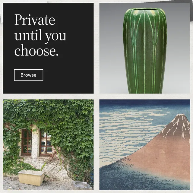 Instagram post for Curatively: "Private until you choose." Editorial style, collage layout, light palette in grey, black, white.