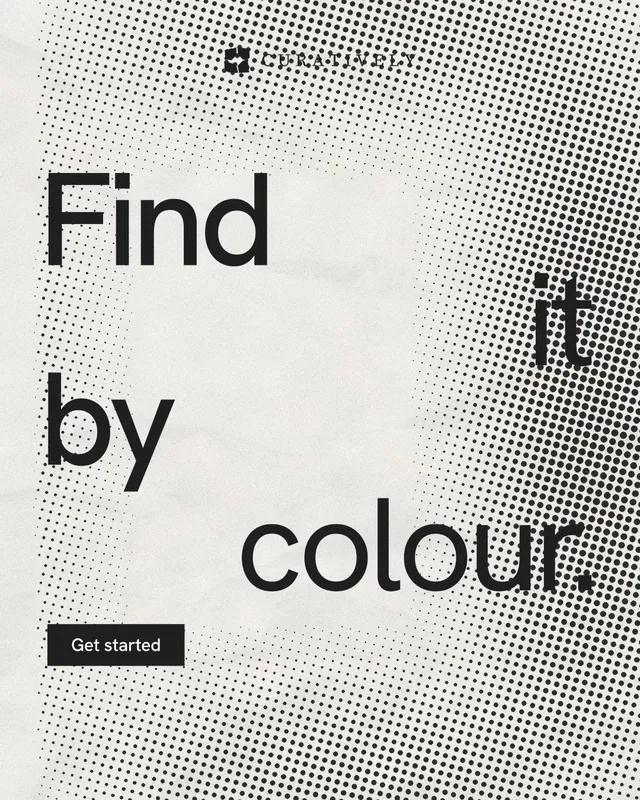 Instagram portrait post for Curatively: "Find it by colour." Swiss style, stacked layout, light palette in grey, white.
