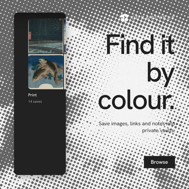 Instagram post for Curatively: "Find it by colour." Swiss style, right layout, light palette in grey, black, white.