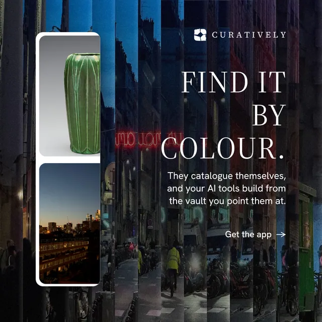 Instagram post for Curatively: "Find it by colour." Minimal luxury style, right layout, dark palette in black, blue, grey.