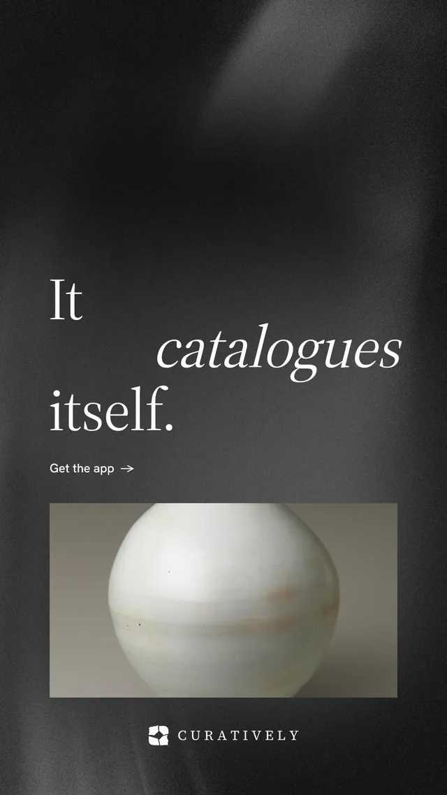 Instagram story for Curatively: "It catalogues itself." Minimal luxury style, stacked layout, dark palette in grey, black.