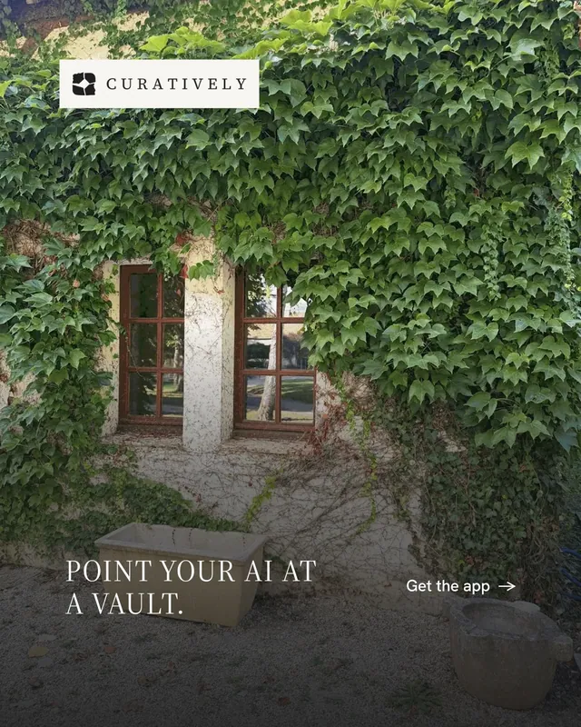 Instagram portrait post for Curatively: "Point your AI at a vault." Minimal luxury style, image led layout, dark palette in grey, black, green.