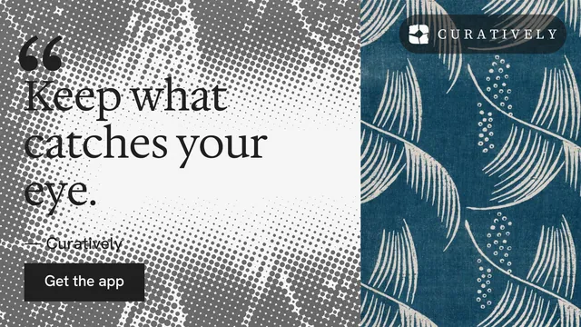 Landscape graphic for Curatively: "Keep a vault for each thing you make." Swiss style, quote layout, light palette in grey, blue, white.