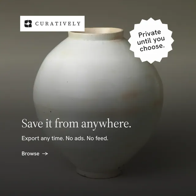 Instagram post for Curatively: "Save it from anywhere." Minimal luxury style, sticker layout, dark palette in grey, black, white.