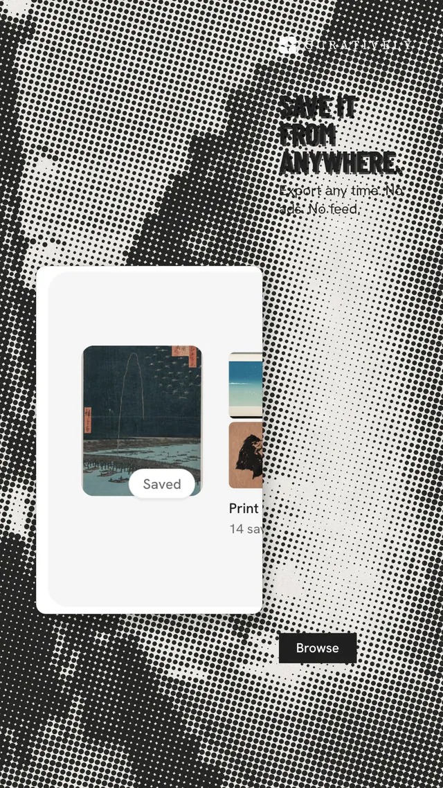 Instagram story for Curatively: "Save it from anywhere." Retro print style, skeleton layout, light palette in grey, white.