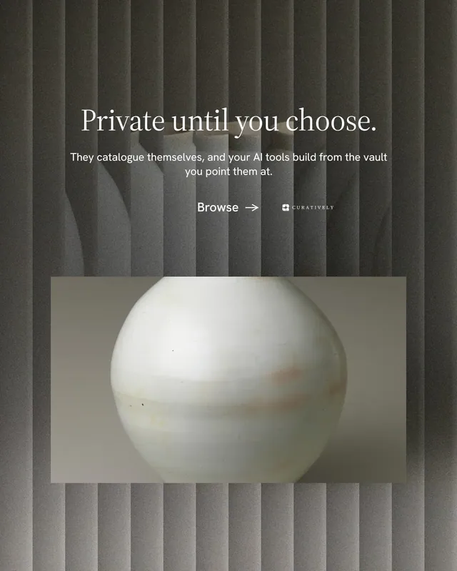 Instagram portrait post for Curatively: "Private until you choose." Minimal luxury style, centred layout, dark palette in black, grey.
