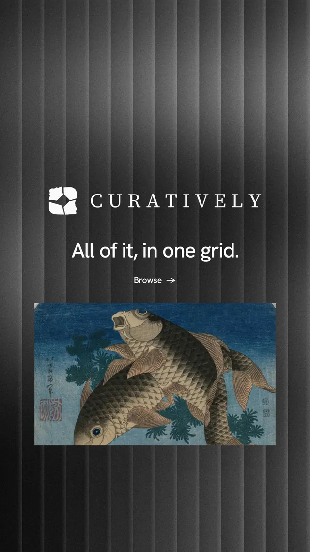Instagram story for Curatively: "All of it, in one grid." Minimal luxury style, logo hero layout, dark palette in black, grey.