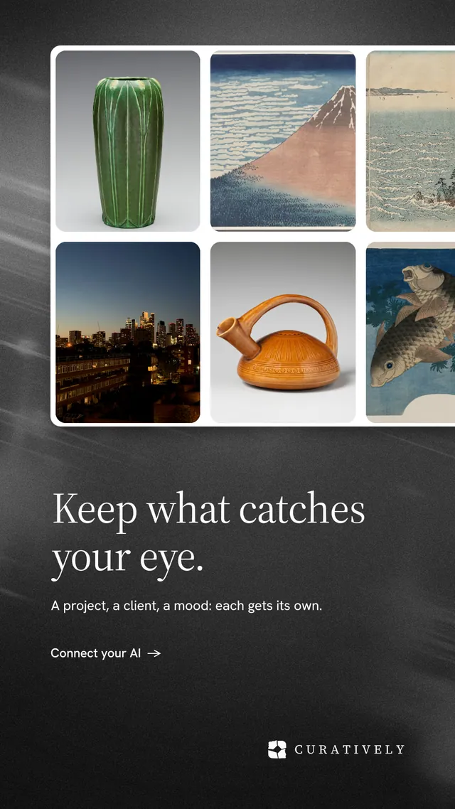 Instagram story for Curatively: "Keep what catches your eye." Minimal luxury style, bottom layout, dark palette in grey, black.