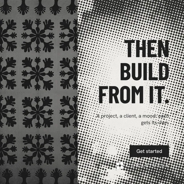 Instagram post for Curatively: "Then build from it." Retro print style, right layout, light palette in grey, black, white.