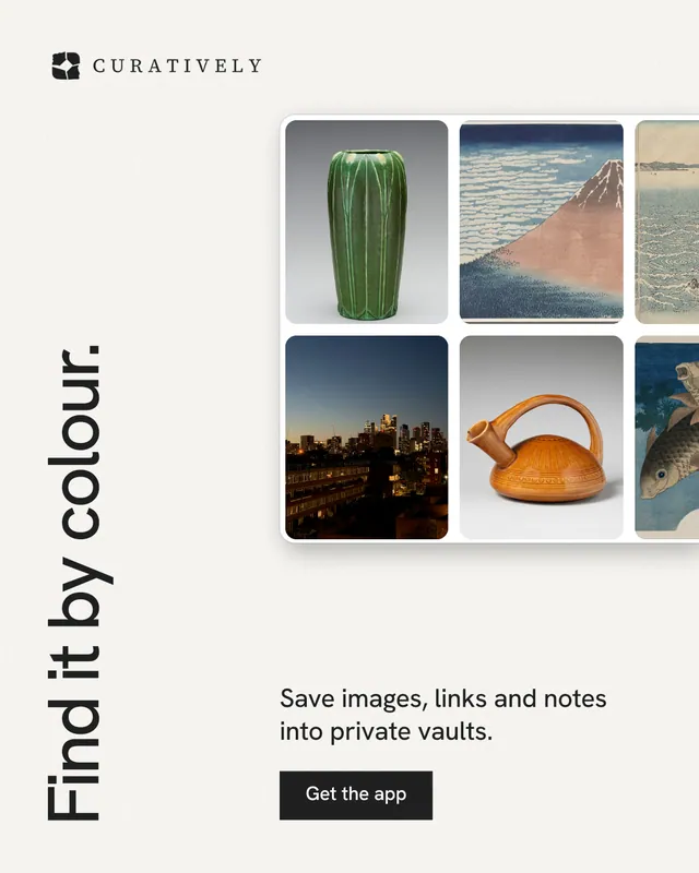 Instagram portrait post for Curatively: "Find it by colour." Swiss style, vertical layout, light palette in white, grey.