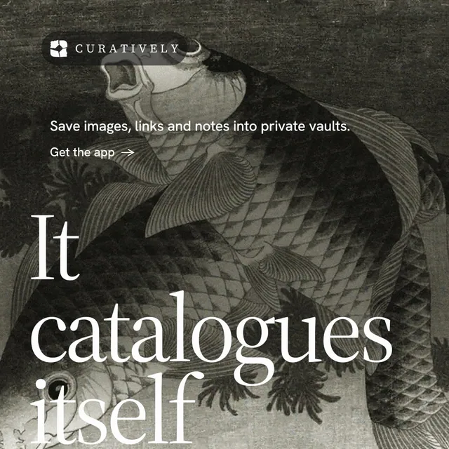 Instagram post for Curatively: "It catalogues itself." Minimal luxury style, oversized layout, dark palette in black, grey.