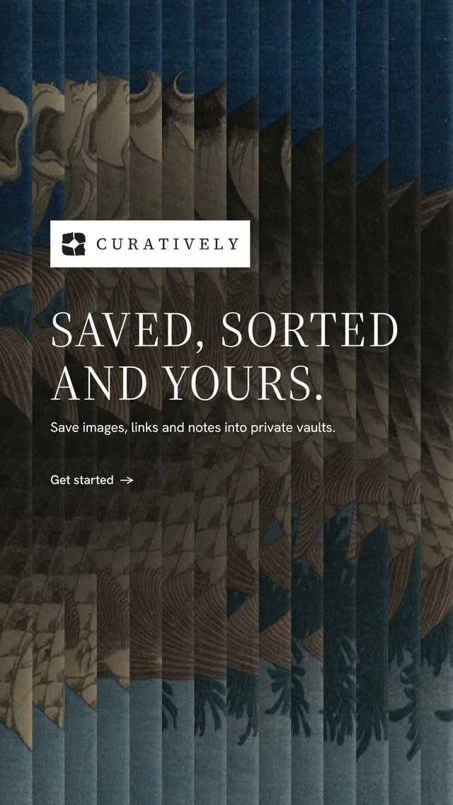 Instagram story for Curatively: "Saved, sorted and yours." Minimal luxury style, announce layout, dark palette in black, grey.