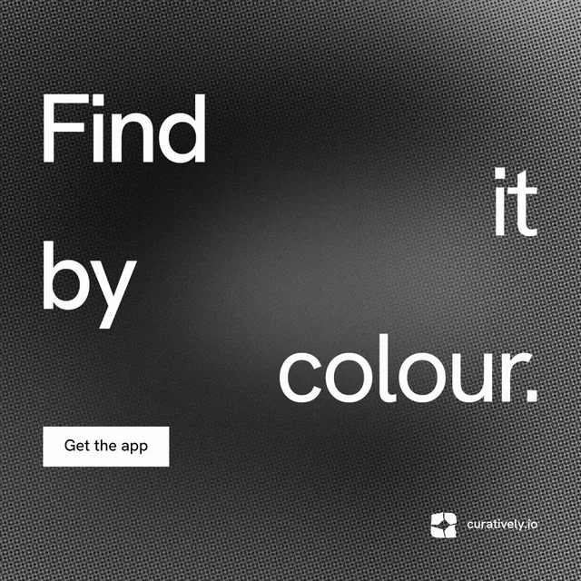 Instagram post for Curatively: "Find it by colour." Swiss style, stacked layout, dark palette in grey, black.