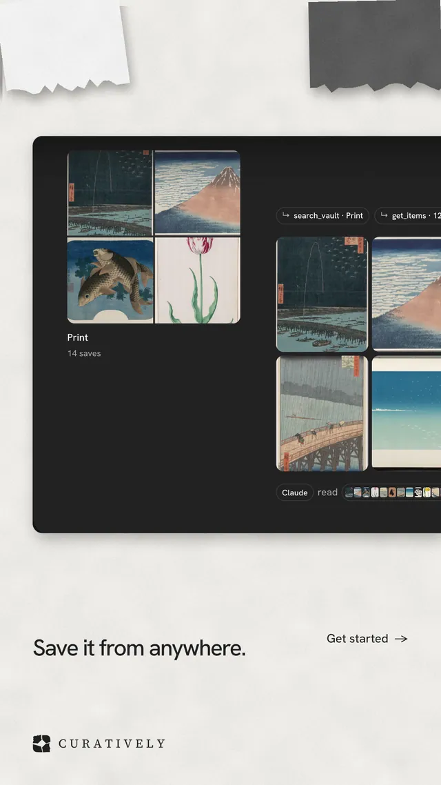Instagram story for Curatively: "Save it from anywhere." Swiss style, image led layout, light palette in black, white, grey.