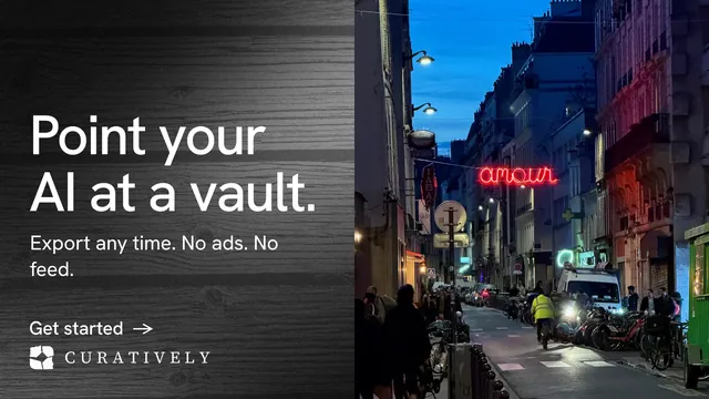 Landscape graphic for Curatively: "Point your AI at a vault." Minimal luxury style, bottom layout, dark palette in black, grey, blue.