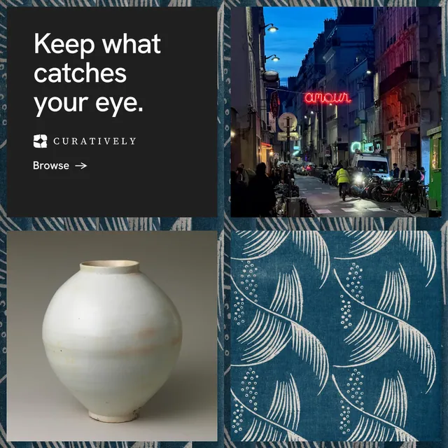 Instagram post for Curatively: "Keep what catches your eye." Minimal luxury style, collage layout, dark palette in grey, black, blue.