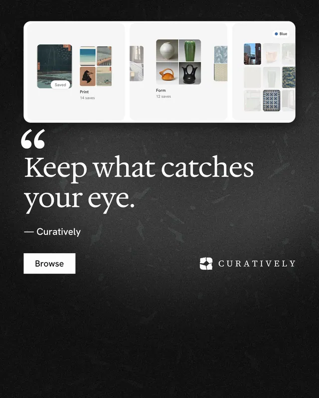 Instagram portrait post for Curatively: "All of it, in one grid." Swiss style, quote layout, dark palette in black, white.