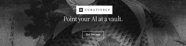 LinkedIn banner for Curatively: "Point your AI at a vault." Editorial style, centred layout, dark palette in black, grey.