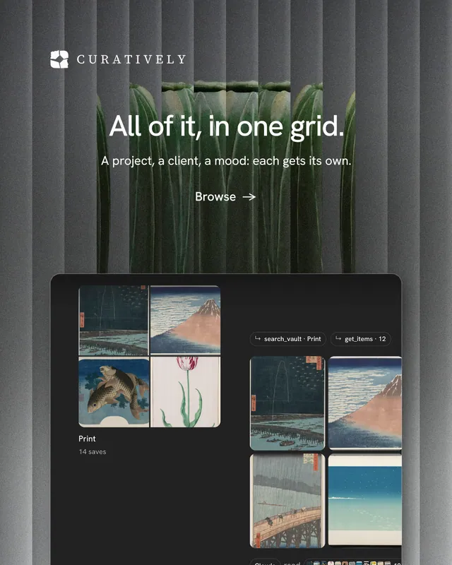 Instagram portrait post for Curatively: "All of it, in one grid." Minimal luxury style, centred layout, dark palette in grey, black.