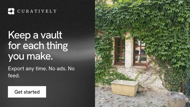 Landscape graphic for Curatively: "Keep a vault for each thing you make." Swiss style, bottom layout, dark palette in black, grey.
